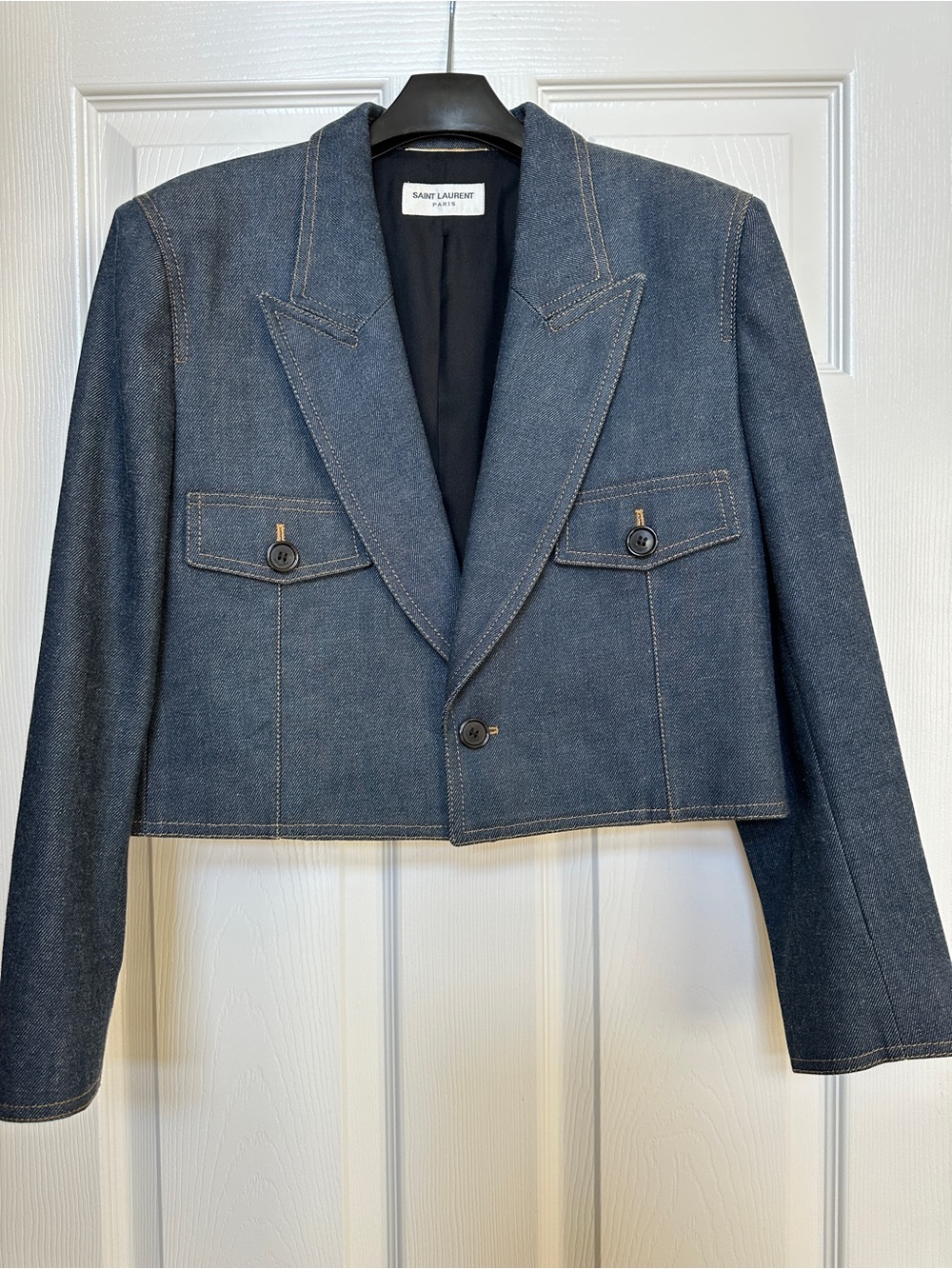 Saint Laurent Dark Blue Cropped Denim Blazer